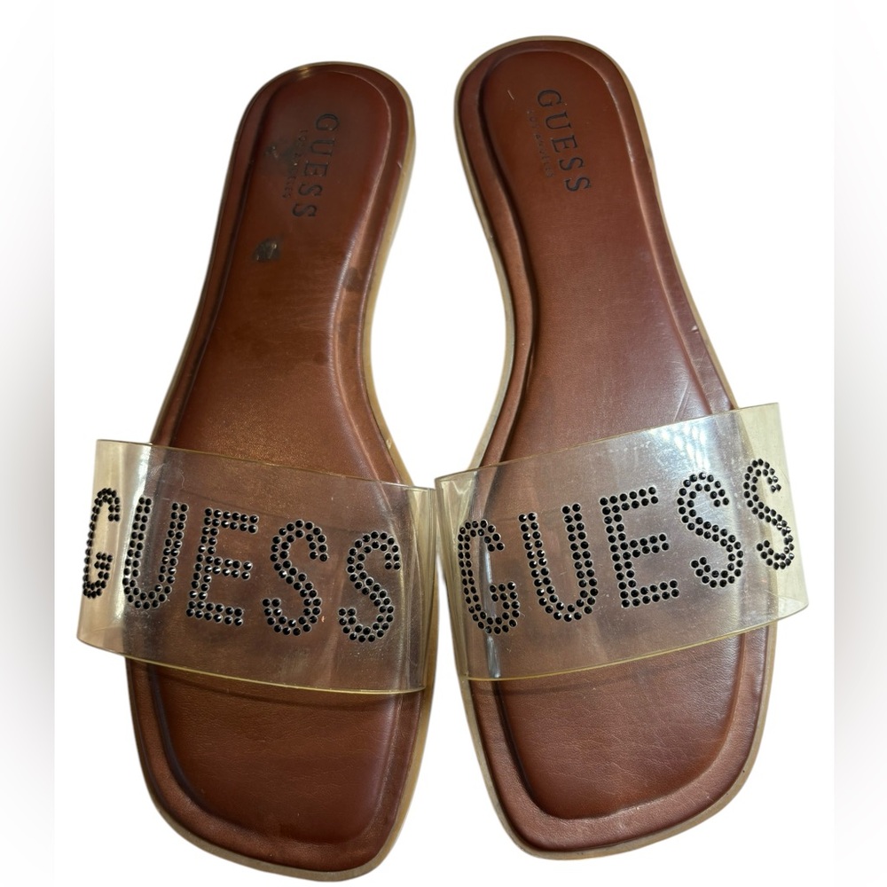 Guess Rhinestone Sandals Slides Clear Plastic Y2K Flats 9.5M Flip Flops